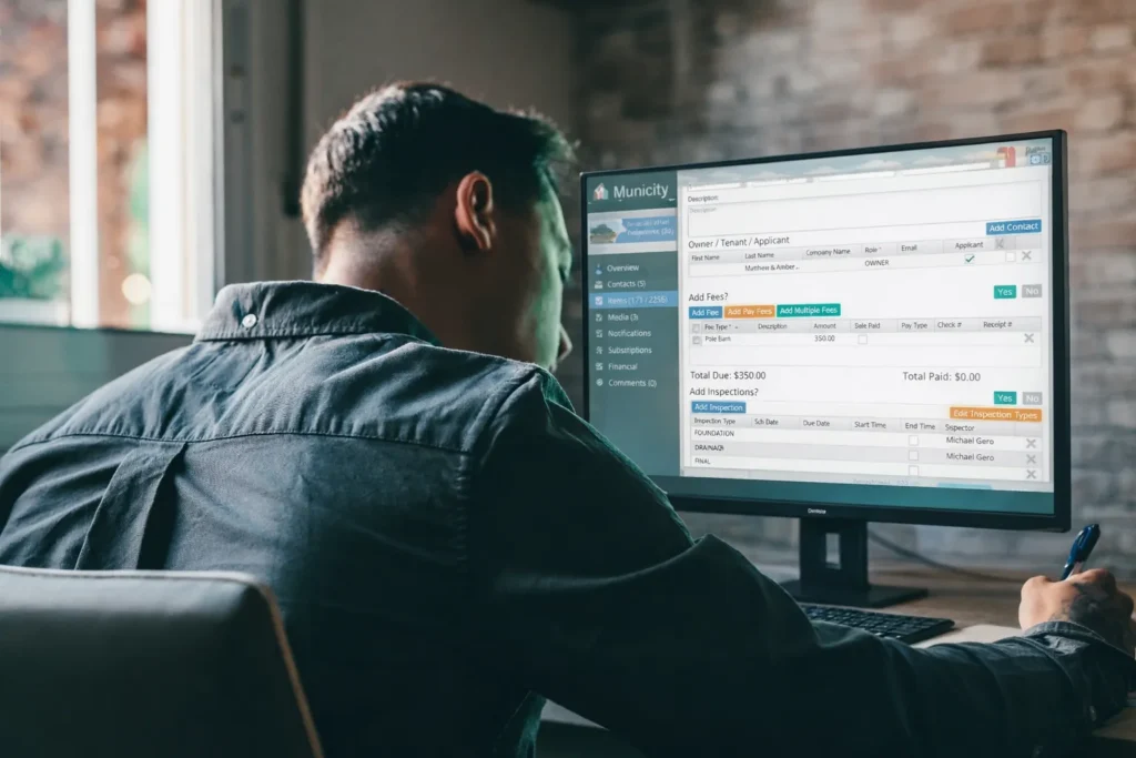 A man sitting at a desk, working diligently on his computer screen